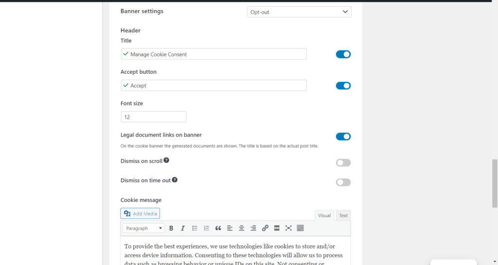 banner settings of complianz cookie consent plugin
