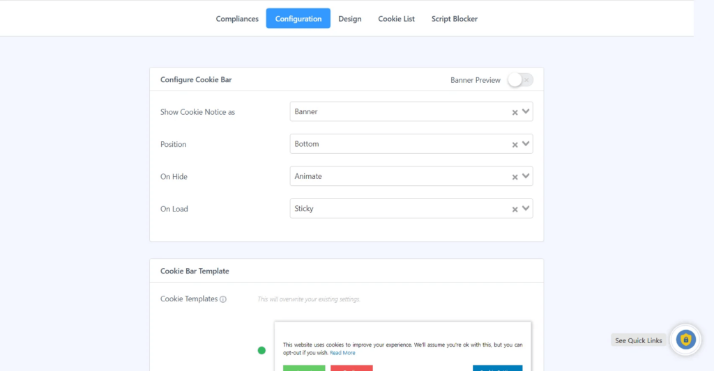 configuration feature of WP cookie consent plugin