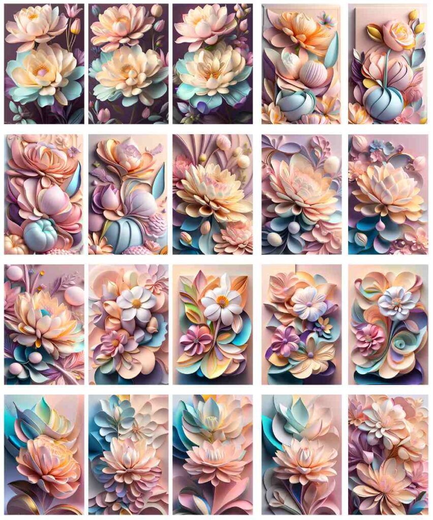 Chic and vibrant pastel floral canvas wall art bundle, offering a delightful array of printable artworks to elevate your home decor or creative - 3d wallpaper of flowers