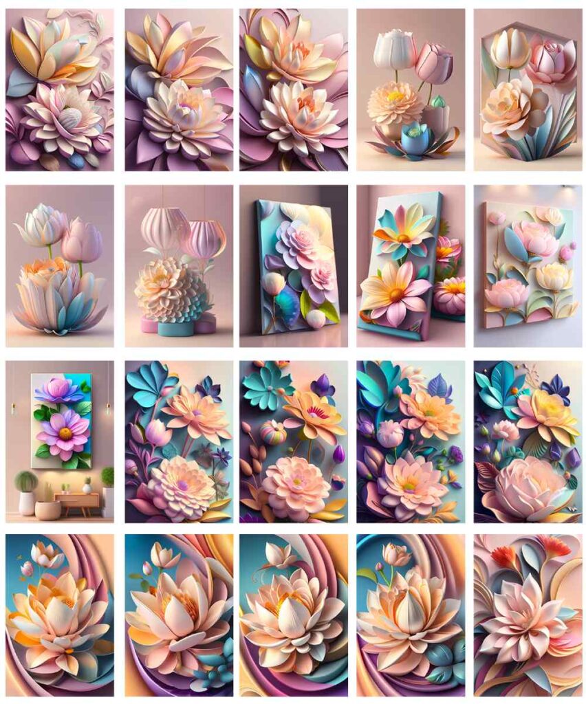 Vibrant and diverse 3D floral printable artworks showcased beautifully