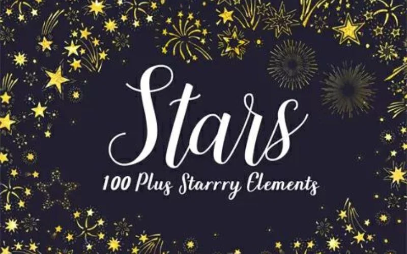 Star elements on a black background featured in 100 plus starry elements bundle