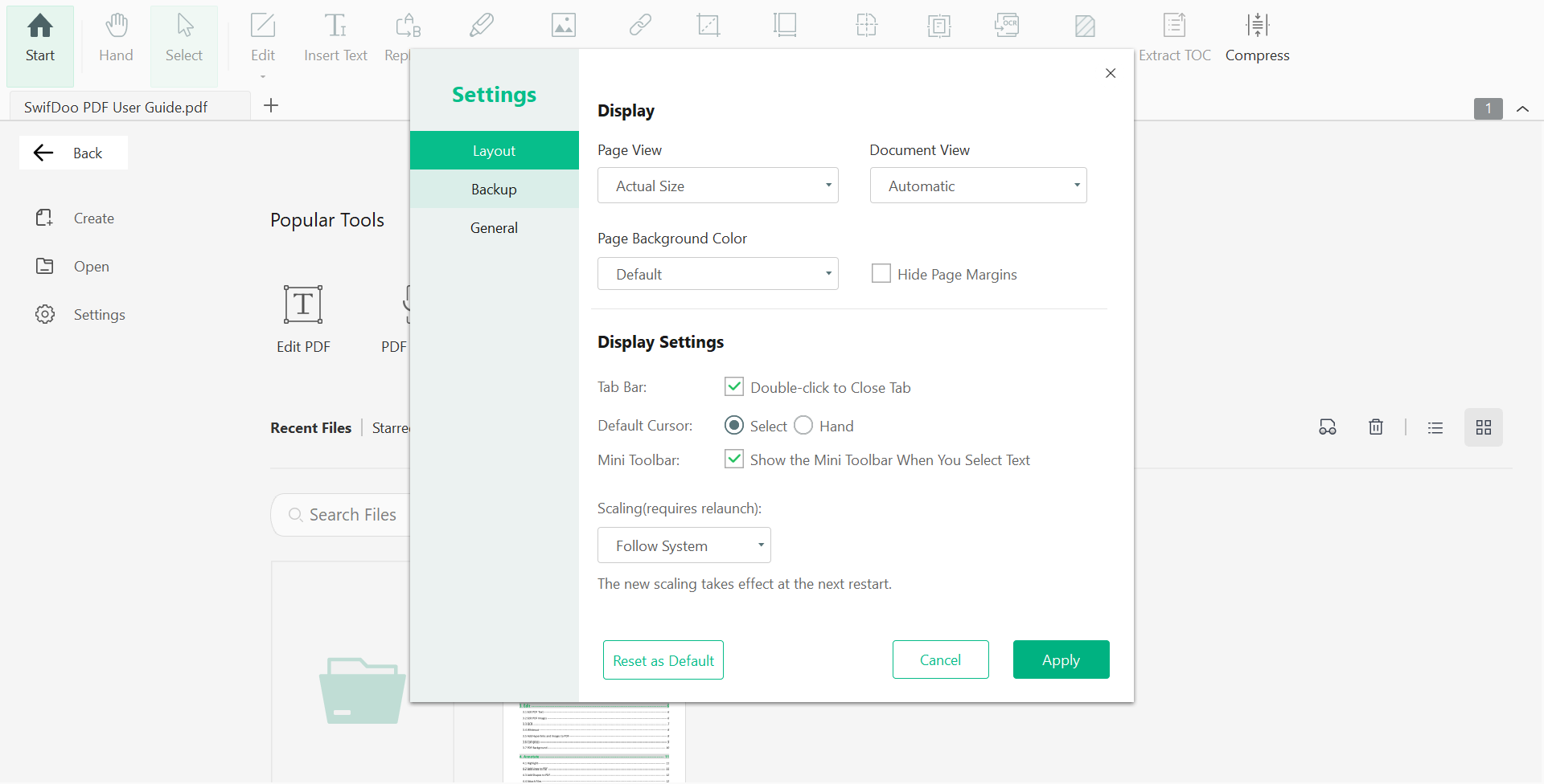 SwifDoo layout settings preview image