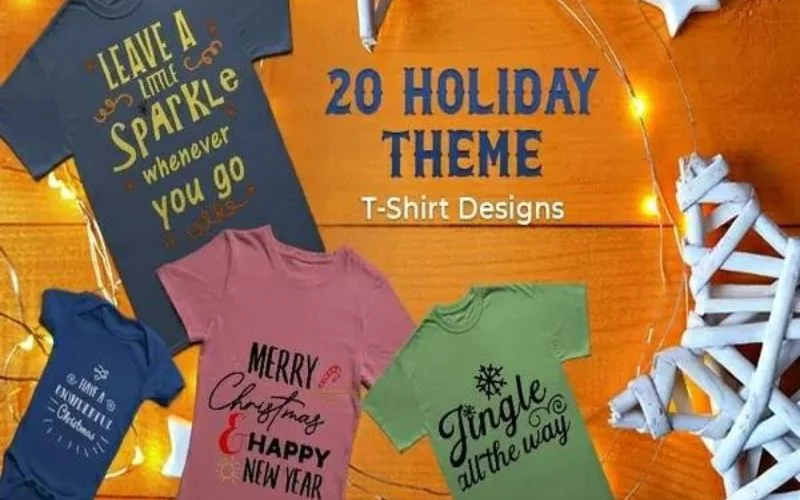 Grey, blue, pink and green colored Tshirt Mockups on a wooden background, surrounded by fairy lights