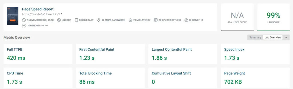 DebugBear Displaying page speed and performance of industry template