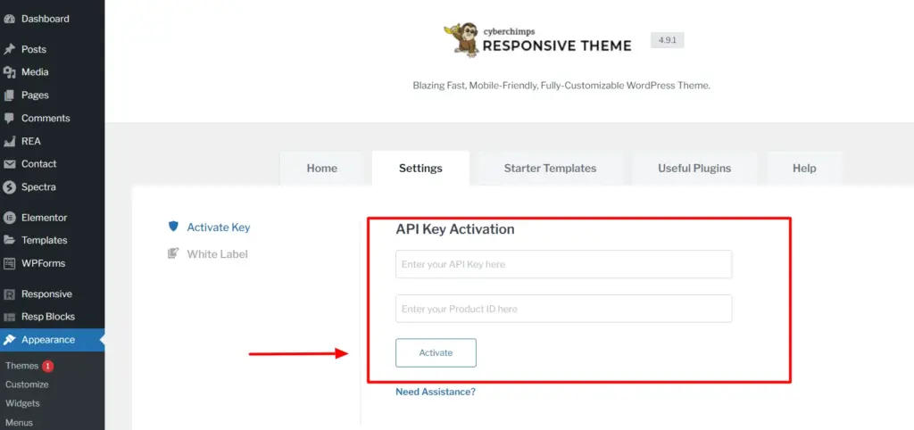 Responsive starter template API key activation block