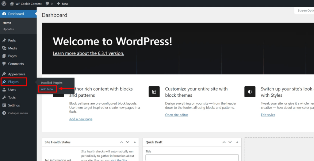 Image displaying how to add the plugin through WP dashboard