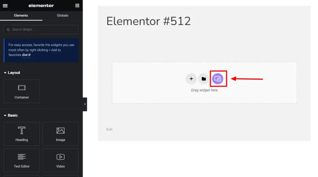 WordPress user interface showing elementor navigation menu
