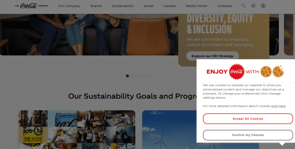 Coca-Cola  website displaying cookie message