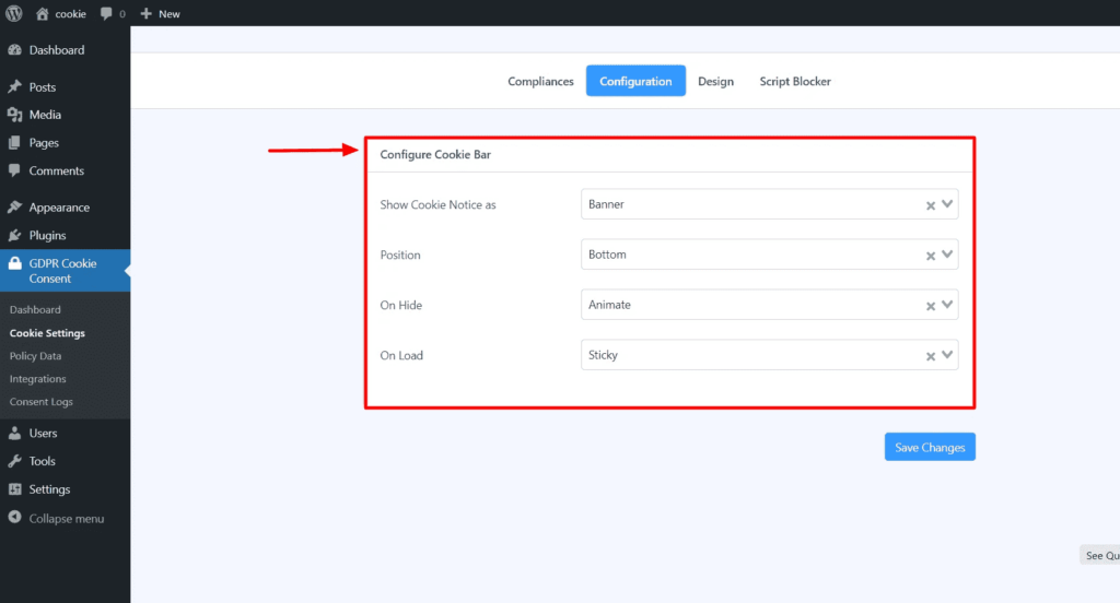 Image showing Configure Cookie bar tab