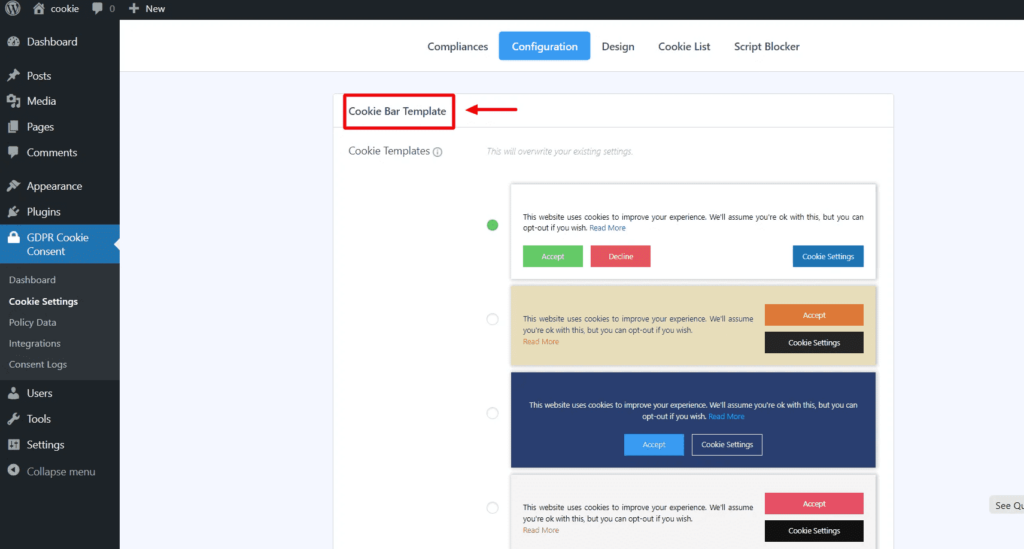Cooki bar template feature of GDPR cookie consent