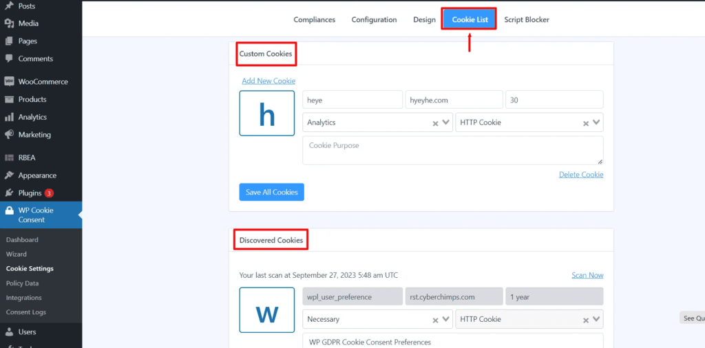 Cookie list in WP Cookie consent plugin