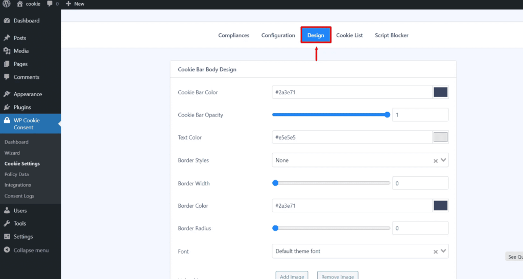 Design tab of WP cookie consent