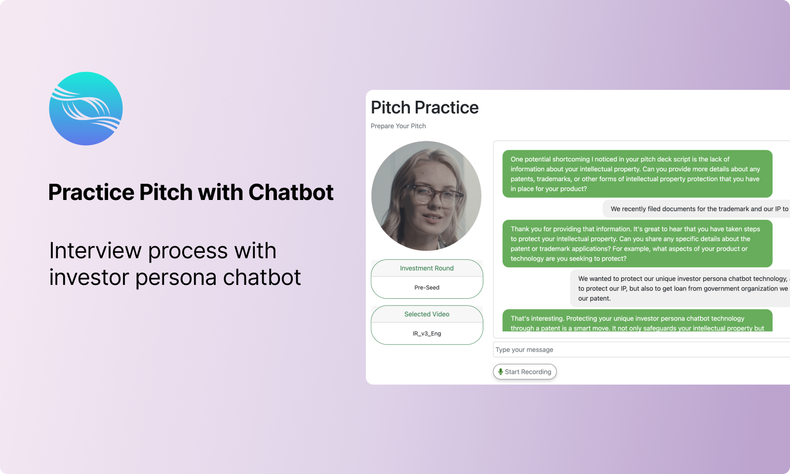 AI investor persona chatbot for pitch practice in Intelliwebi