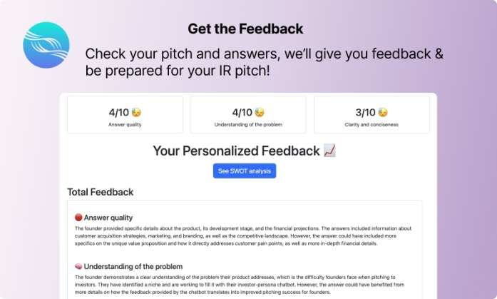 Personalized feedback of a sample Pitch Deck in IntelliWebi - AI Pitch Deck Analysis Tool