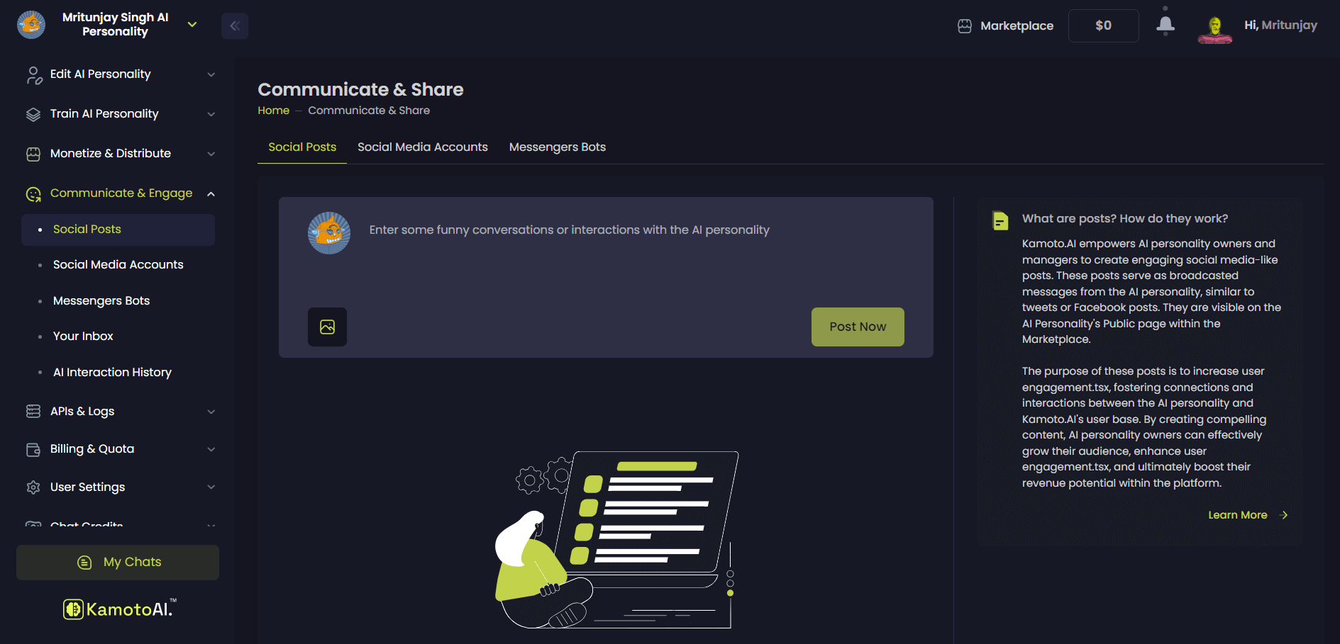 Communicate and engage user interface in kamoto AI
