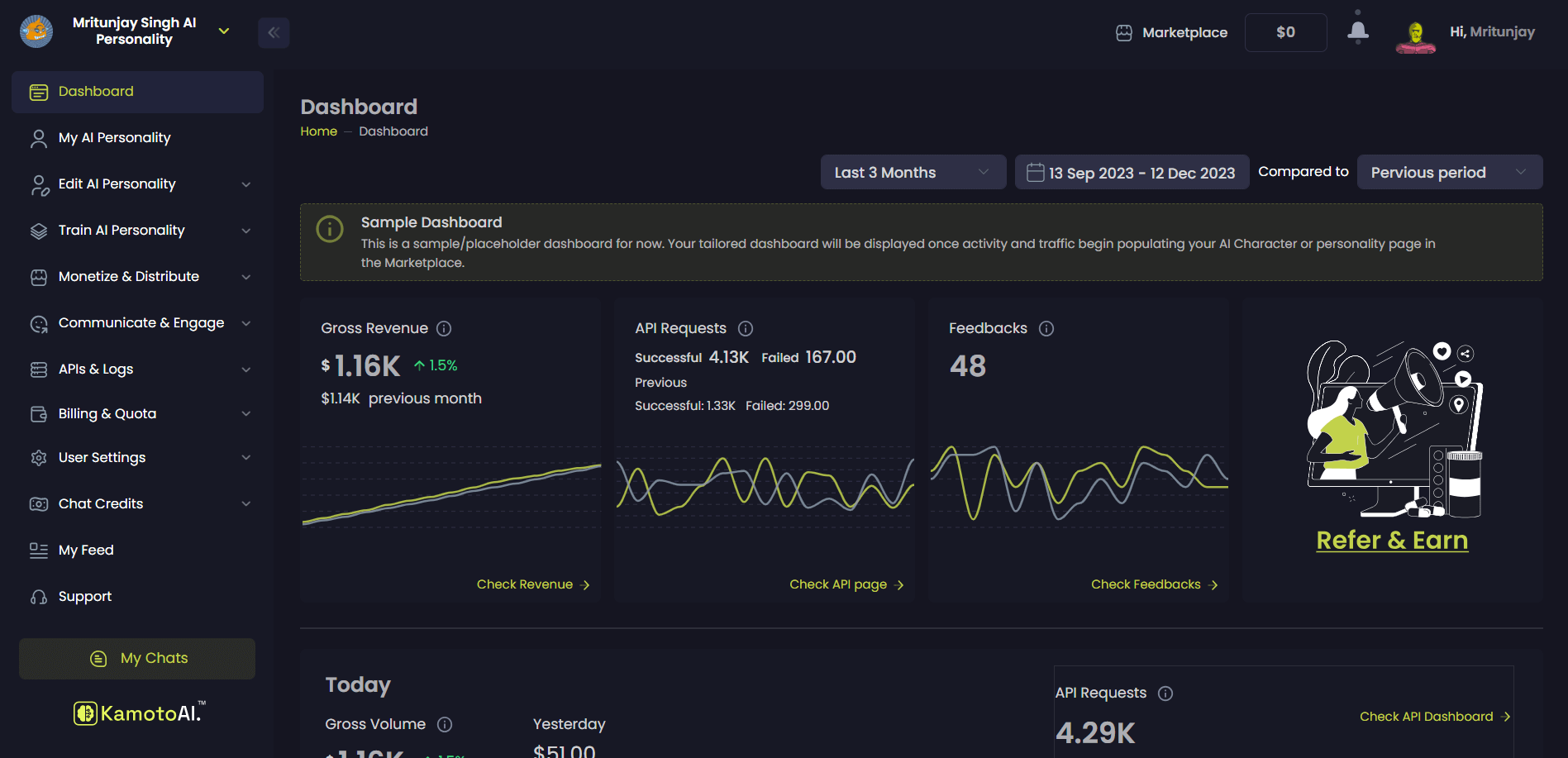 Main Dashboard of AI Personality Generator