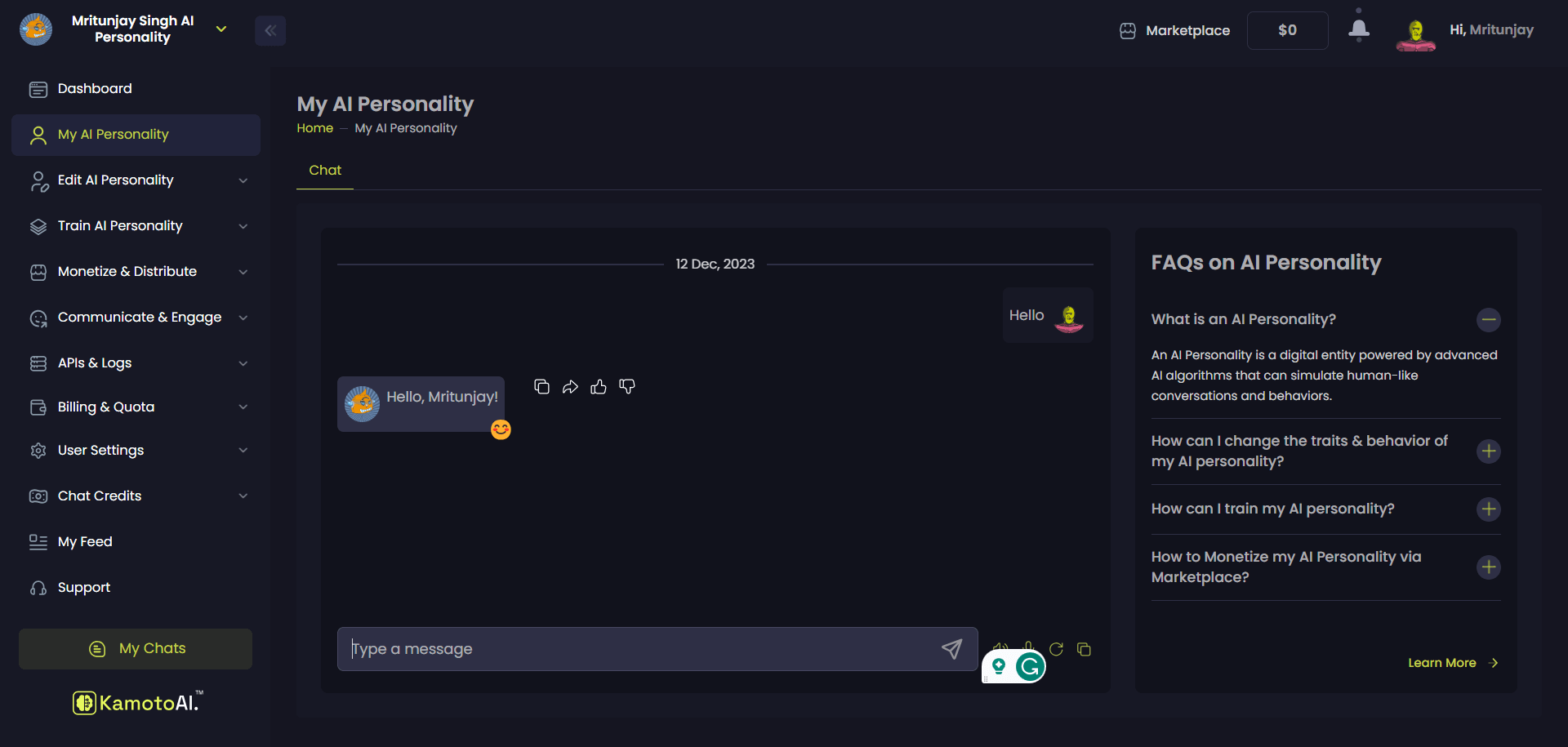 My AI Personality user interface in Kamoto AI displaying a chat box with AI