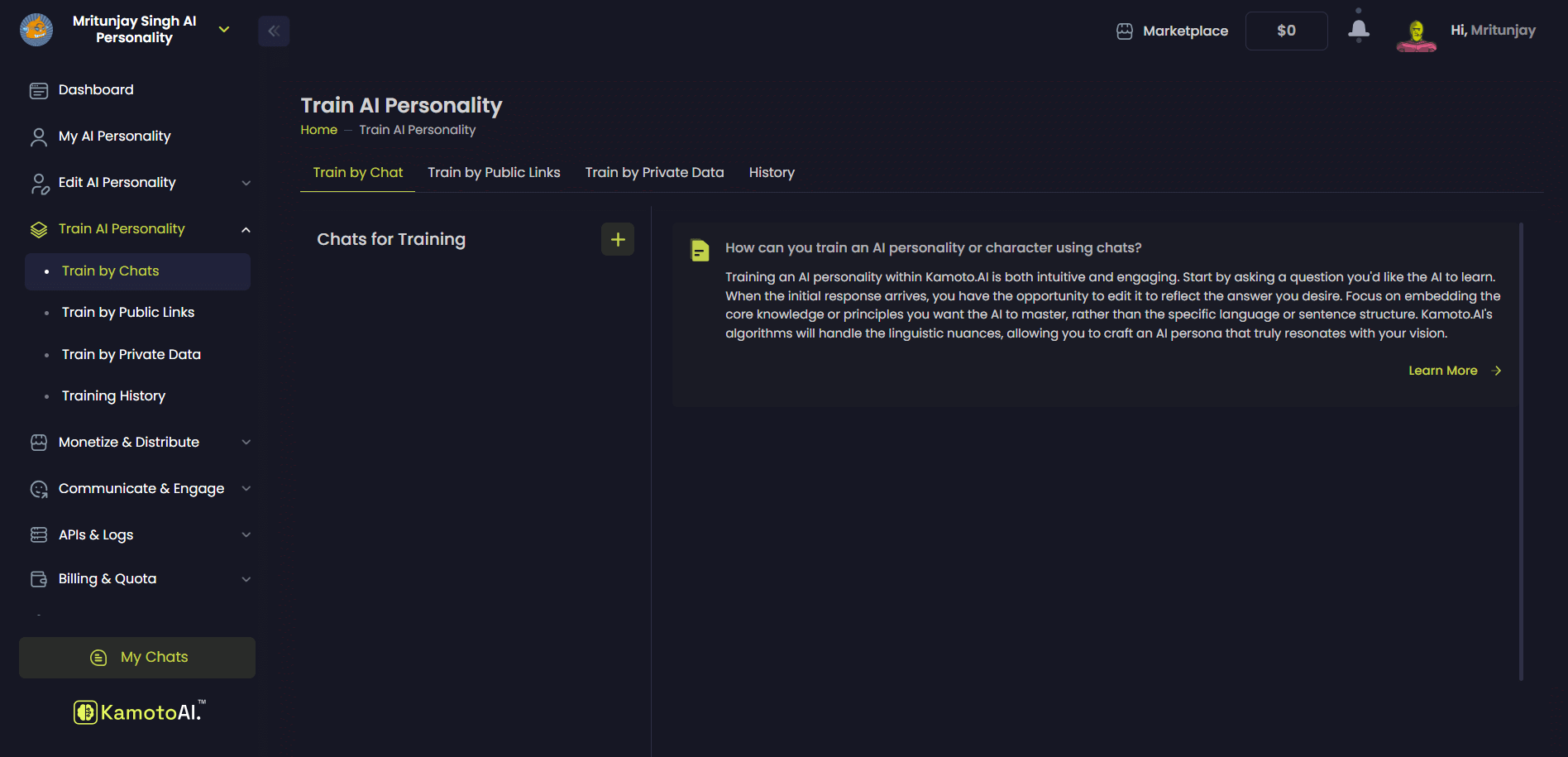 Train AI Personality feature of Kamoto AI