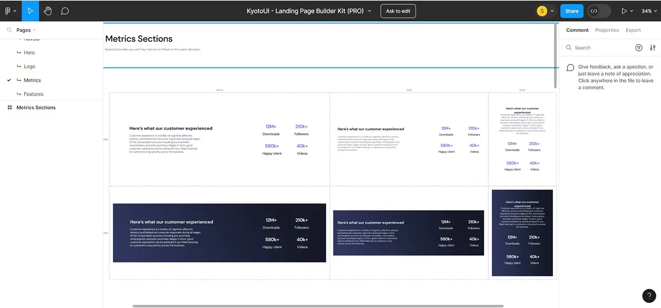 Metric Sections for building the website landing page