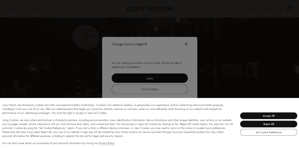 Louis Vuitton cookie message banner used for cookie banner examples