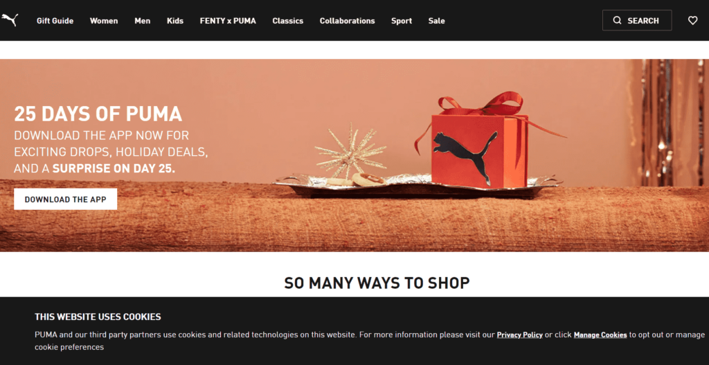 Puma official website with cookie consent banner used for example cookie Banner example