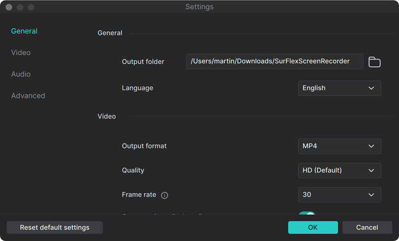 General Settings of SurFlex Screen Recorder