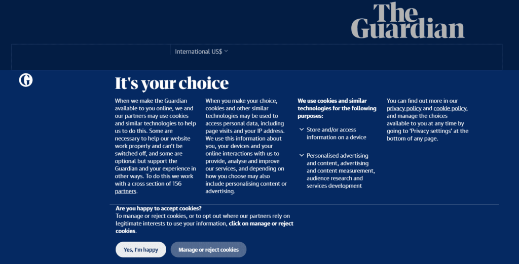 The guardian official website displaying its cookie consent banner used cookie banner example