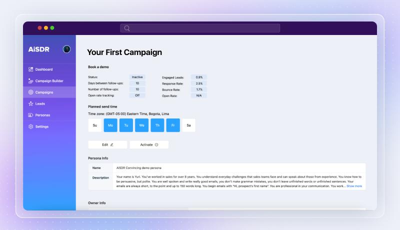 Campaign dashboard preview of aisdr