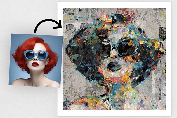 Image showcasing a picture of a woman with red hair and blue shades edited to look like a painting using abstract painting photoshop action