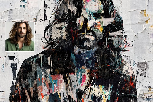 A picture of a man with long hair edited to look like an abstract painting
