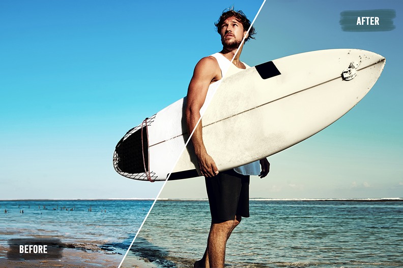 before after editing image of a man with a surfing board