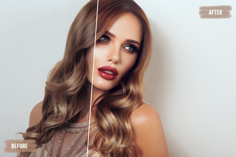 before and after skin retouch image of a woman with long ombre hair