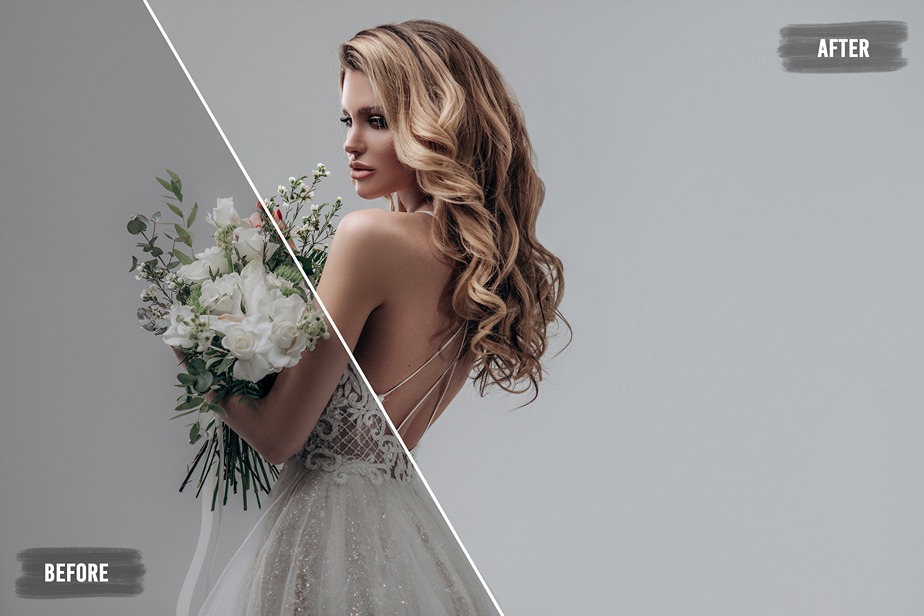 before and after edit picture of a woman in white dress holding a bouquet , Beauty retouch lightroom presets