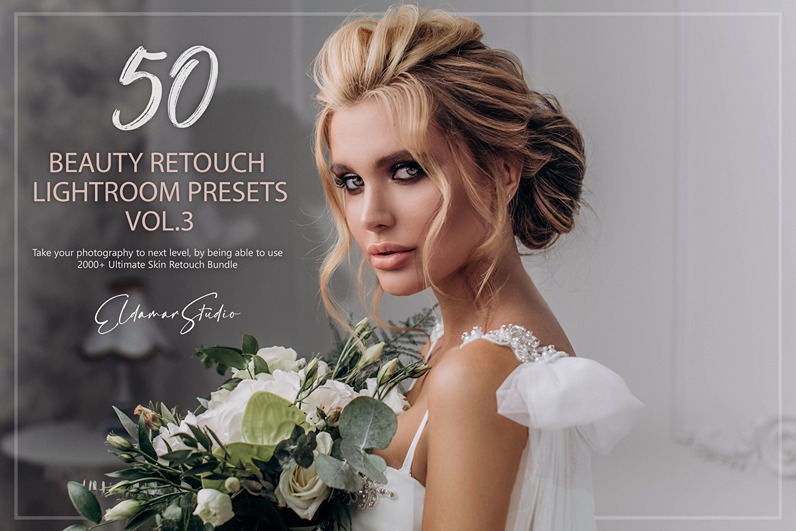 Beauty retouch lightroom presets featire image showcasing a woman in white dress holding a bouquet