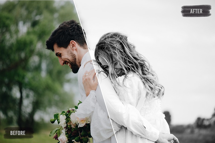 Black and white essentials pretty presets before and after editing picture of a man and a woman