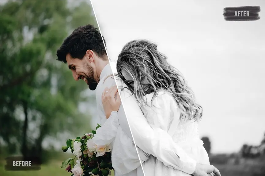 Black and white essentials pretty presets before and after editing picture of a man and a woman