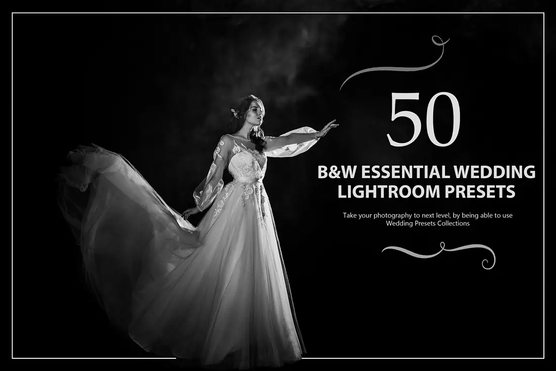 Black & White essentials pretty presets feature image showcasing a woman in a wedding dress