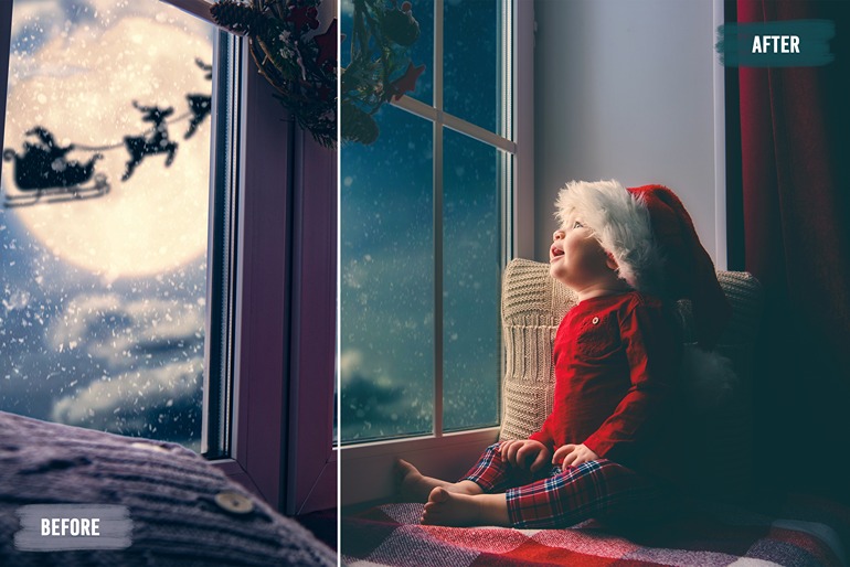 Picture of a baby wearing santa outfit and staring out the window edited with look up table
