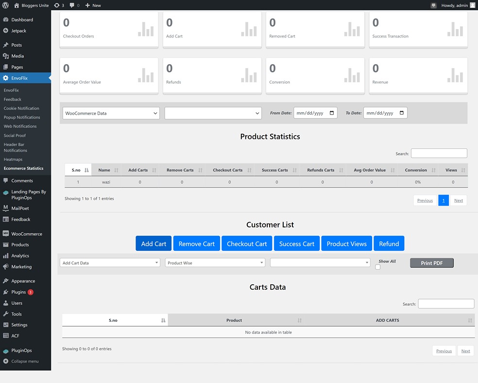 Product statistics, customer list UI