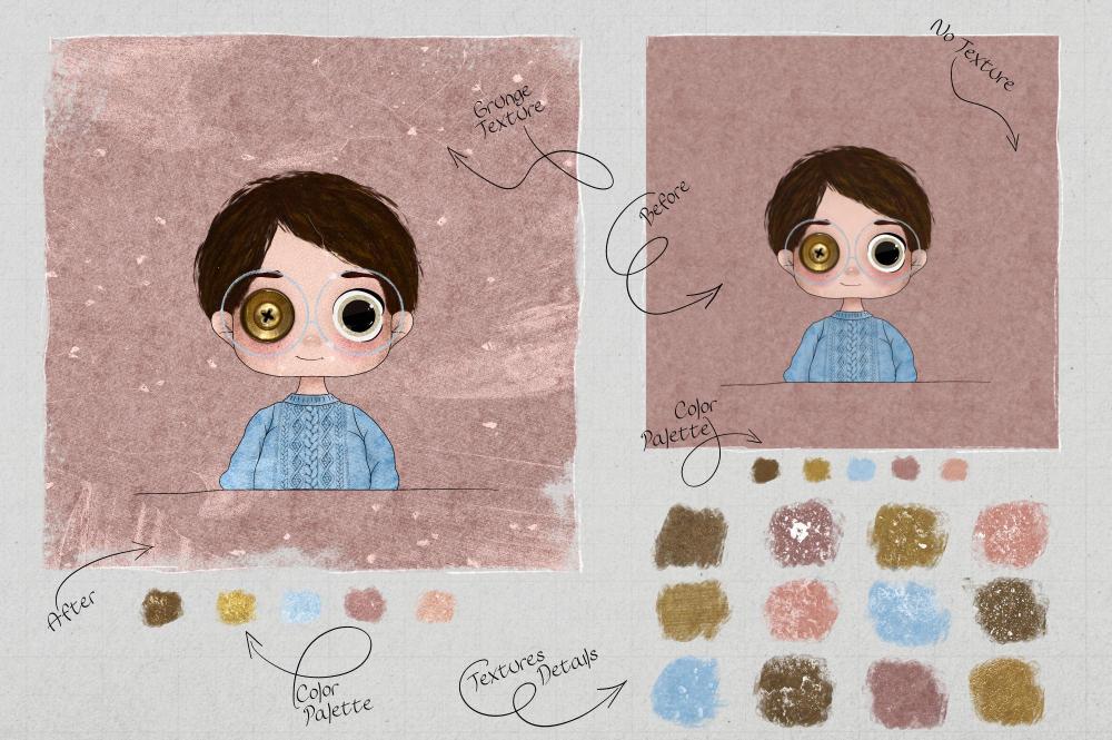 Vintage Grunge texture applied on a cartoon of a young boy
