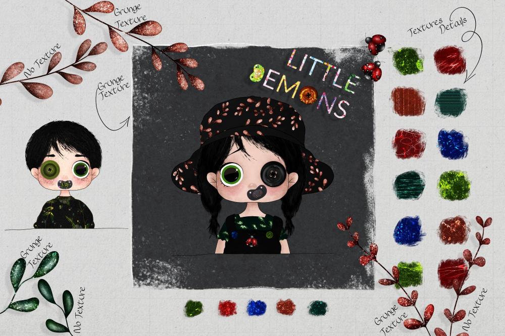 Grunge textures from the grunge overlays bundle applied on a cartoon of a young girl