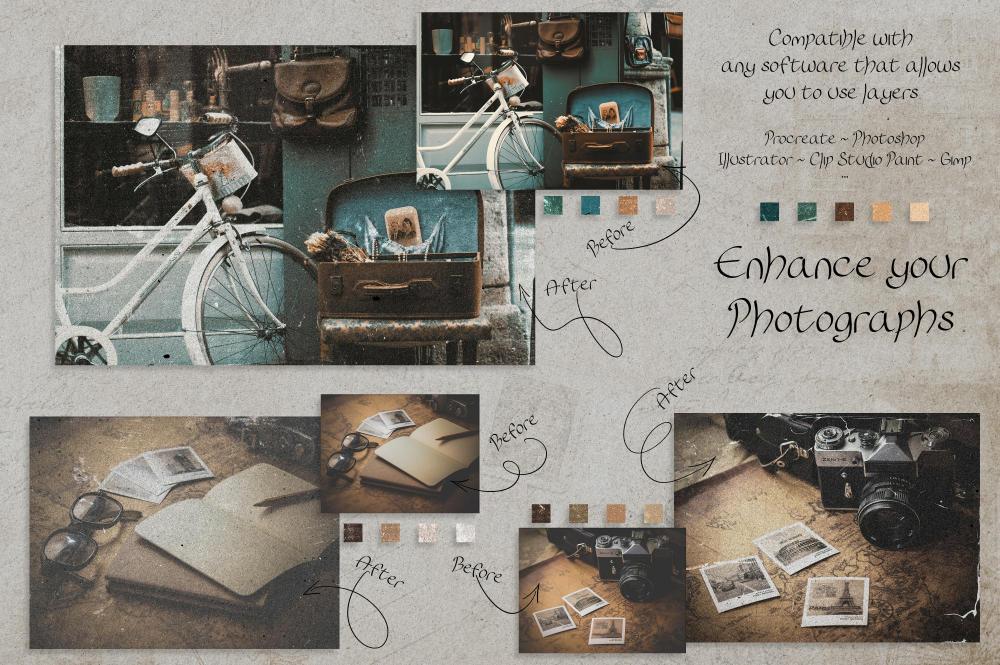 Collage of vintage themed aesthetic images with grunge textures from grunge overlays bundle