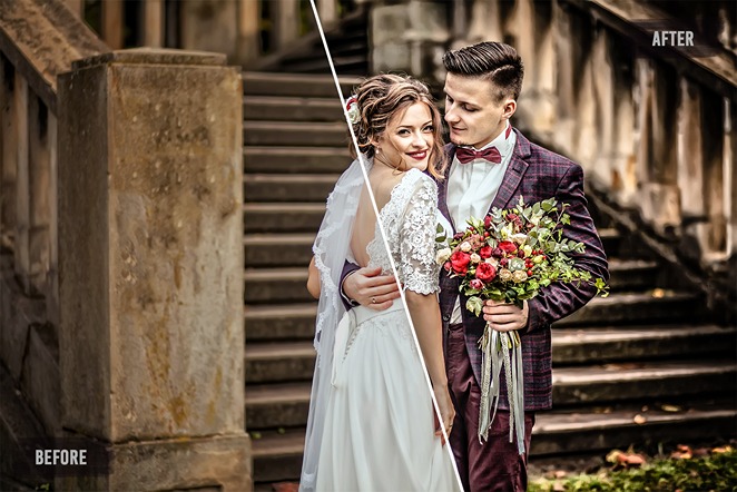 A picture of a couple with a wedding bouquet before and after edit using HDR wedding photo presets