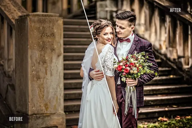 A picture of a couple with a wedding bouquet before and after edit using HDR wedding photo presets