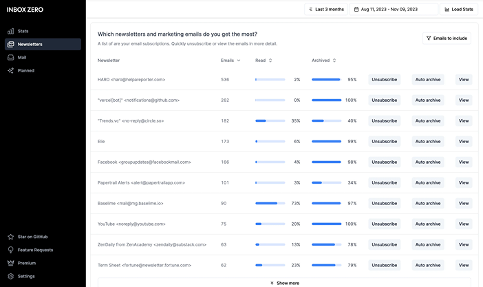 Sorting Newsletters UI in inbox zero the email cleaner