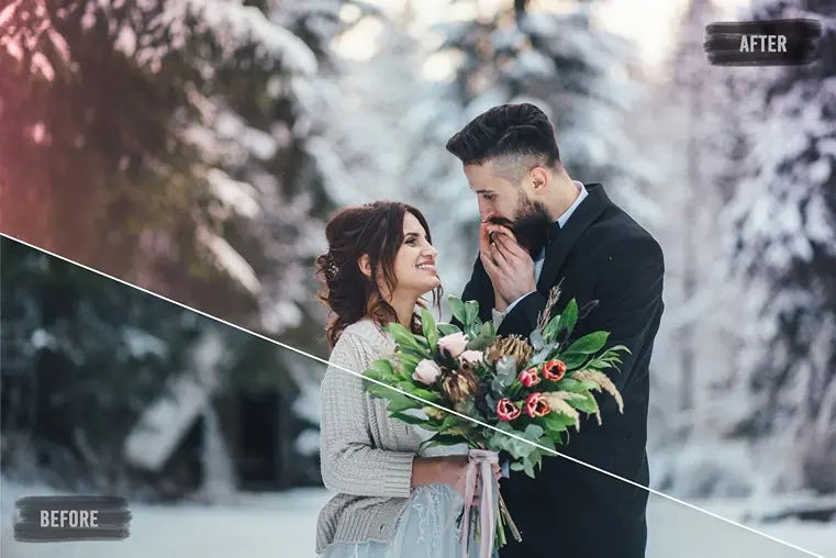 a couple with a bouquet before and after edit using light leaks photo presets effect