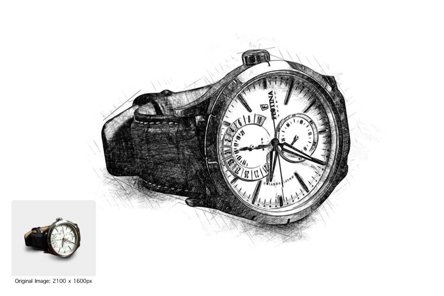 Analog watch with pencil sketch effect