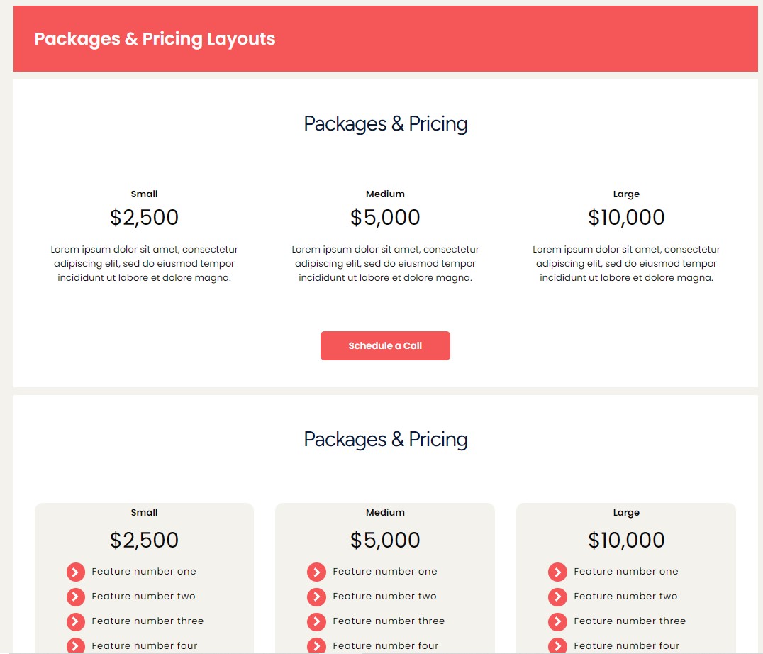 Editable UI templates For Carrd Packaging and pricing layout to create a website