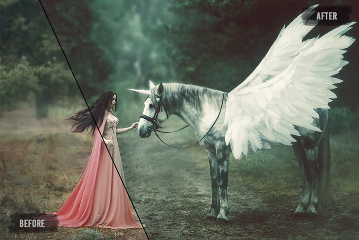 A woman in a forest with a unicorn edited using wonderful luts and presets