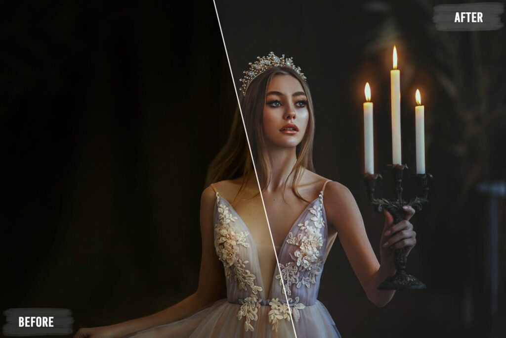 before and after editing with wonderful luts and presets photograph showcasing a woman in white dress with a tiara - best cinema luts